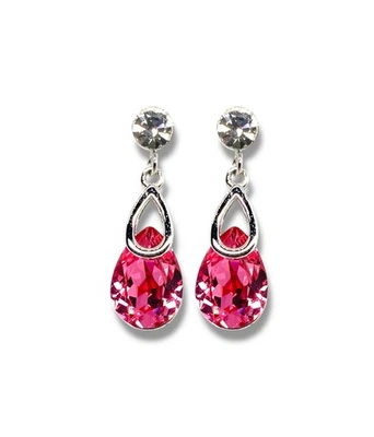 Pendientes enchapados en oro blanco de 18 quilates con elementos de Swarovski lágrimas rosa fucsia Foto 1 de 4