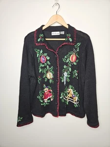 B.P. Design Pullover L schwarz bestickt Weihnachten Urlaub Knopf Ramie Baumwolle  - Bild 1 von 10
