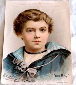 EPHEMERA - SCOTT'S EMULSION Advert Trade Card 1880's OUR BOY Medical QUACK Cure - Picture 1 of 2