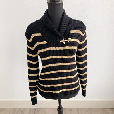 Suéter Lauren Ralph Lauren Negro Metálico Dorado Cierre Grueso Acanalado PM Pequeño Mediano Foto 1 de 4