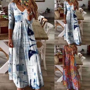 Boho Women V Neck Long Sleeve Casual Maxi Dress Ladies Party Holiday Long Dress - Picture 1 of 10