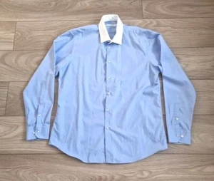 French Connection FCUK Men's Blue Buttoned Shirt With White Collar Size 17 Inch - Picture 1 of 8
