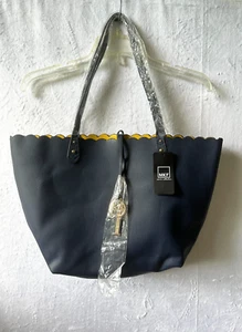 MKF Mia K Collection Shopper Tote Bag Navy Blue Yellow Interior Scallop Top NWT - Picture 1 of 22