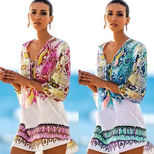 Women Boho Bikini Cover Up Beachwear Mini Dress Sundress Sarong Swimwear Summer - Picture 1 of 6