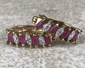 2 Ct Simulated Ruby & Cubic Zirconia Hoop Earrings 14K Yellow Gold Plated - Picture 1 of 7