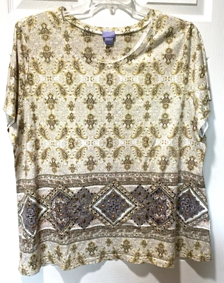 Top Pullover Laura Scott Manga Corta Ligero Amarillo Marrón Bling Talla 3X NUEVO Foto 1 de 4