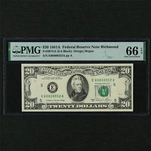 1981A Federal Reserve Note Richmond 20 Dollars Fr#2074-E PMG 66 EPQ Gem UNC - Picture 1 of 4