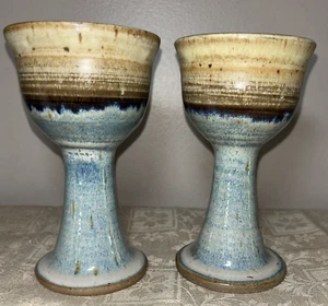 Studio Art Pottery Goblets Drip Glaze Wine Chalice Stoneware Artist Signed T.T. - Picture 1 of 7