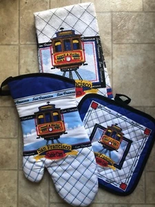 SAN FRANCISCO CABLE CAR KITCHEN SET-TOWEL-GLOVE-HOTPAD - Picture 1 of 2