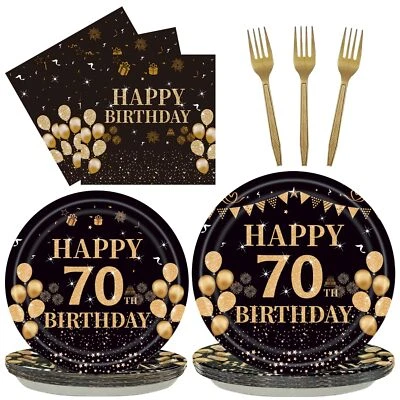 Juego de 96 platos de fiesta de cumpleaños 70 piezas decoraciones temáticas negras y doradas incluyen... Foto 1 de 4