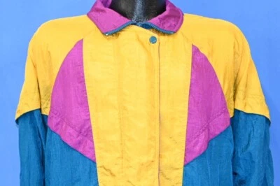 vintage 90s WINDBREAKER KOMITOR PURPLE GOLD TEAL COLORBLOCK ZIP JACKET YOUTH XL  - Image 1 of 4