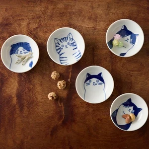 Japanese Blue Cat Mini Plate Set of 5 Porcelain Dish Condiment Gift Wood Box Jap - Picture 1 of 4