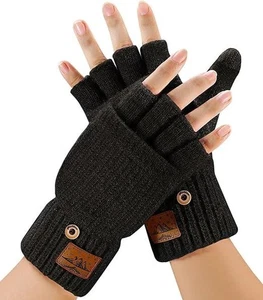 Halbfinger Fingerlose Winter Handschuhe Kappe Alpaka Wolle Schwarz Damen Herren - Bild 1 von 6