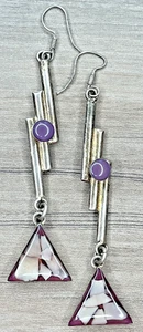 Art Deco Sterling 925 MOP Resin Sugilite Long Dangle Drop Geometric Earrings VTG - Picture 1 of 9