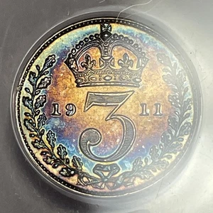 ANACS AU55 1911 Threepence Rainbow Toning fast unzirkuliert Münze #26775 - Bild 1 von 8