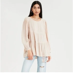 American Eagle Womens Babydoll Top Tiered Long Sleeve Sz Small Cutout Back - Picture 1 of 16