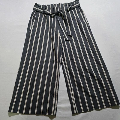 J. JILL эластичной льняной черный полоски подпоясанный брюки маленький широкие ноги тянуть на - Изображение 1 из 4