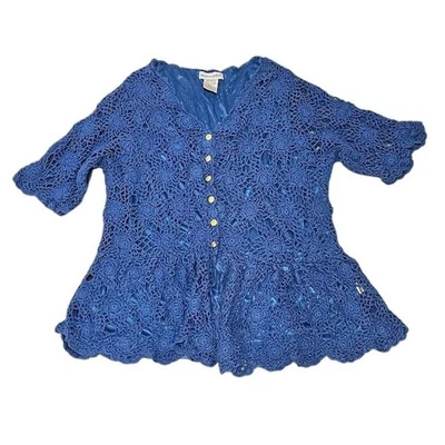 Blusa Jessica London Mujer Talla 26/28 Azul Crochet Tejido Botones Peplum Foto 1 de 4