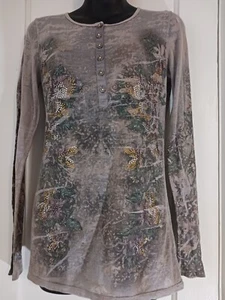 MM Unplugged by Miss Me Shirt Womens Medium Long Sleeve Gray Floral - Picture 1 of 7