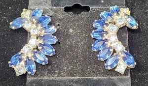 VTG Royal & Light Baby Blue Rhinestone Crescent Shape Earrings Prong Set Clip On - Picture 1 of 5