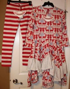 NWT Paper Wings Festive Reindeer Ruffle Dress Candy Stripe Leggings 12 Yrs - Picture 1 of 1