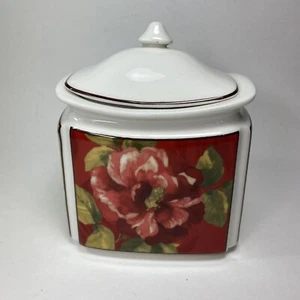222 Fifth Belize Canister Jar Container with Lid Fine China Red Floral - Picture 1 of 6