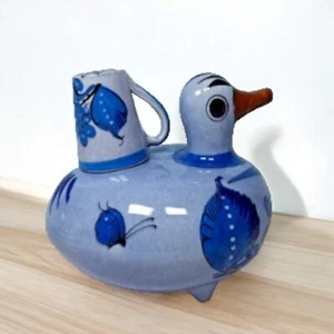 Jarra de Agua Pato Tonala Jarra Jarra con Taza Azul Pájaro Mariposas México 7.5" H - Imagen 1 de 18