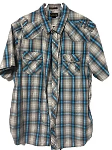 Helix Western Tartan Plaid Shirt Men's 2XL XXL Button Up Blue Pearl Snap - Picture 1 of 7