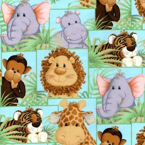 BTY Dschungel Babys Affe Löwe Nilpferd Patchwork Quilt Baumwollstoff Meterware - Bild 1 von 3