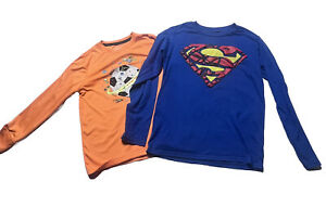 Lot Of 2 Boys Long sleeve Shirts Sz M(8) Orange, Blue Graphic Superman Soccer
