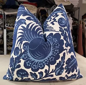 ONE SCALAMANDRE LIGHT DARK BLUE ON WHITE "RESIST PRINT" CUSTOM LINEN PILLOW - B - Picture 1 of 2