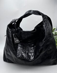 Furla Italy Elizabeth Slouchy Black Croc Embossed Large Leather Purse Hobo Bag