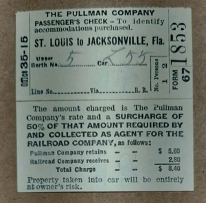Pullman Passenger Train Ticket March 1927 St Louis Union Station to Jacksonville - Picture 1 of 2