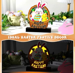 Wooden Lighted Happy Easter Tabletop Decoration, Cute Bunny, Chick & Egg! *NIB* - Picture 1 of 6