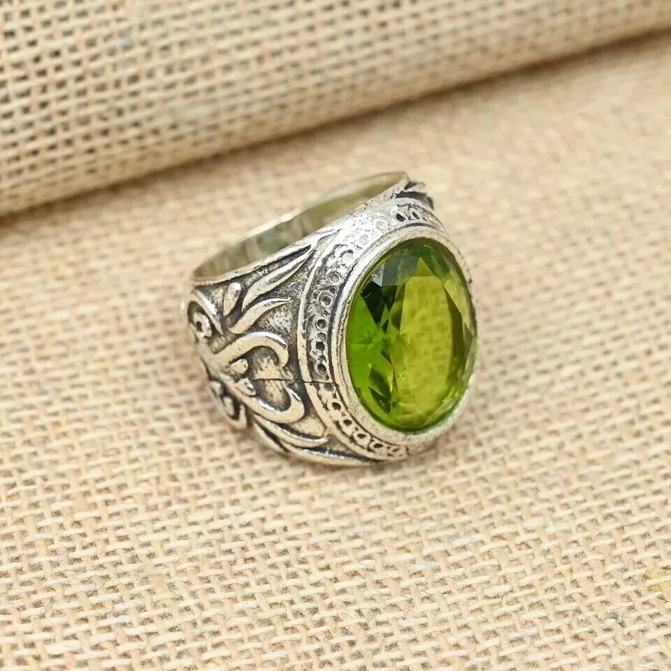 Anillo de piedras preciosas de peridoto de plata de ley 925 anillo de regalo para hombre todas las tallas D79 Foto 1 de 4