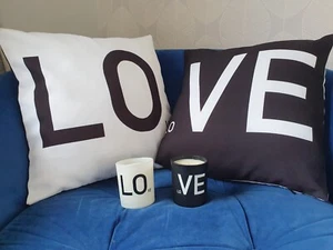 Two Next LOVE Black And White Cushions And Two Matching Candles - Picture 1 of 5