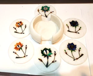 Set of 6 + holder White Marble w/ stone shell inlay Floral Coaster set handmade - Picture 1 of 9
