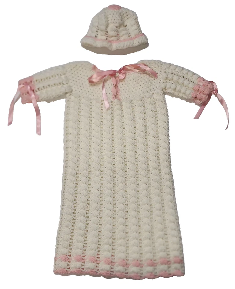 Hecho a mano Crochet Bautizo Bunting Vestido y Gorro Bebé Bautizo Vestido Encaje Foto 1 de 4