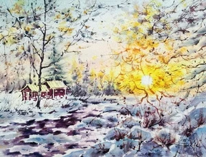 Original watercolor painting Winter landscape artwork Sunset painting 9"x12" - Picture 1 of 3