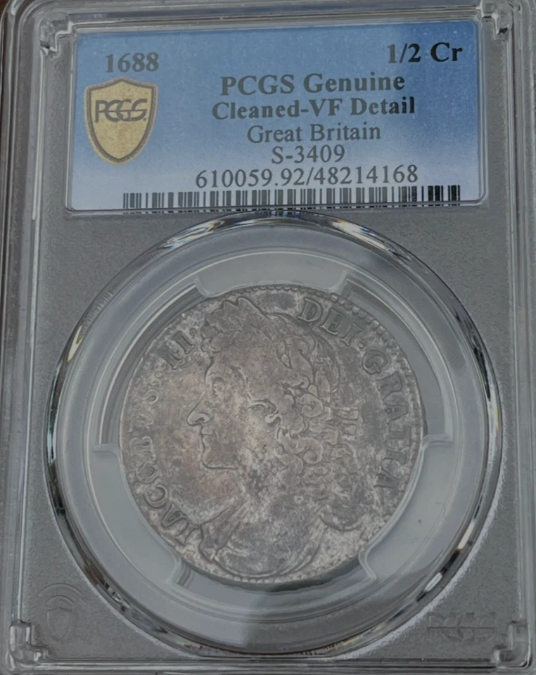 1688 Silver 1/2 Crown Great Britain King James II Very RARE English Coin .925 Ag - Image 1 of 4