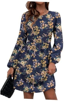  Mujer Otoño Suéter Vestidos con Bolsillos Cuello Redondo Largo Mediano Floral Azul Foto 1 de 4