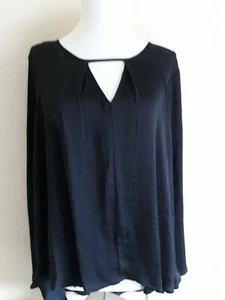 Jennifer Lopez Large Black LS V-Keyhole Poly Silk Like Hi-Lo Flowy Blouse XLNT - Picture 1 of 4