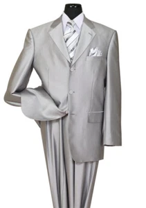 Men's Three Button Sharkskin Look Elegant Wool Feel Suit 58025 Silver - Picture 1 of 5