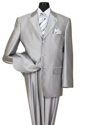 Men's Three Button Sharkskin Look Elegant Wool Feel Suit 58025 Silver - Image 1 of 4