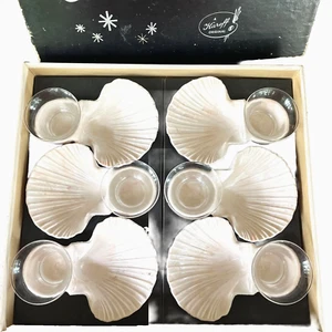 Vintage Karoff Pink Shell Shape Cocktail Serve Set for 6 Federal Glass Insert - Picture 1 of 6