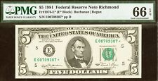 1981 $5 Federal Reserve Note PMG 66EPQ wanted popular Richmond star Fr 1976-E*