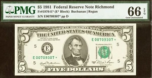 1981 $5 Federal Reserve Note PMG 66EPQ wanted popular Richmond star Fr 1976-E* - Picture 1 of 2