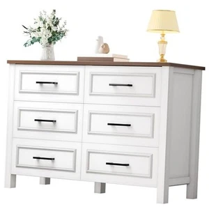 Farmhouse Wooden Dresser TV Stand with Power Outlet White & Walnut 6-Drawer - Picture 1 of 8