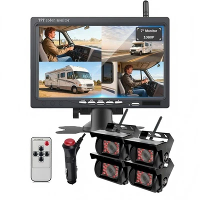 Wireless 7" Quad Monitor Backup Camera for Truck Trailer RV Parking reversing - Image 1 of 4