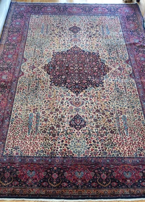 Exquisita alfombra oriental antigua Kermann 11' x 17' anudada a mano de lana grande Foto 1 de 4